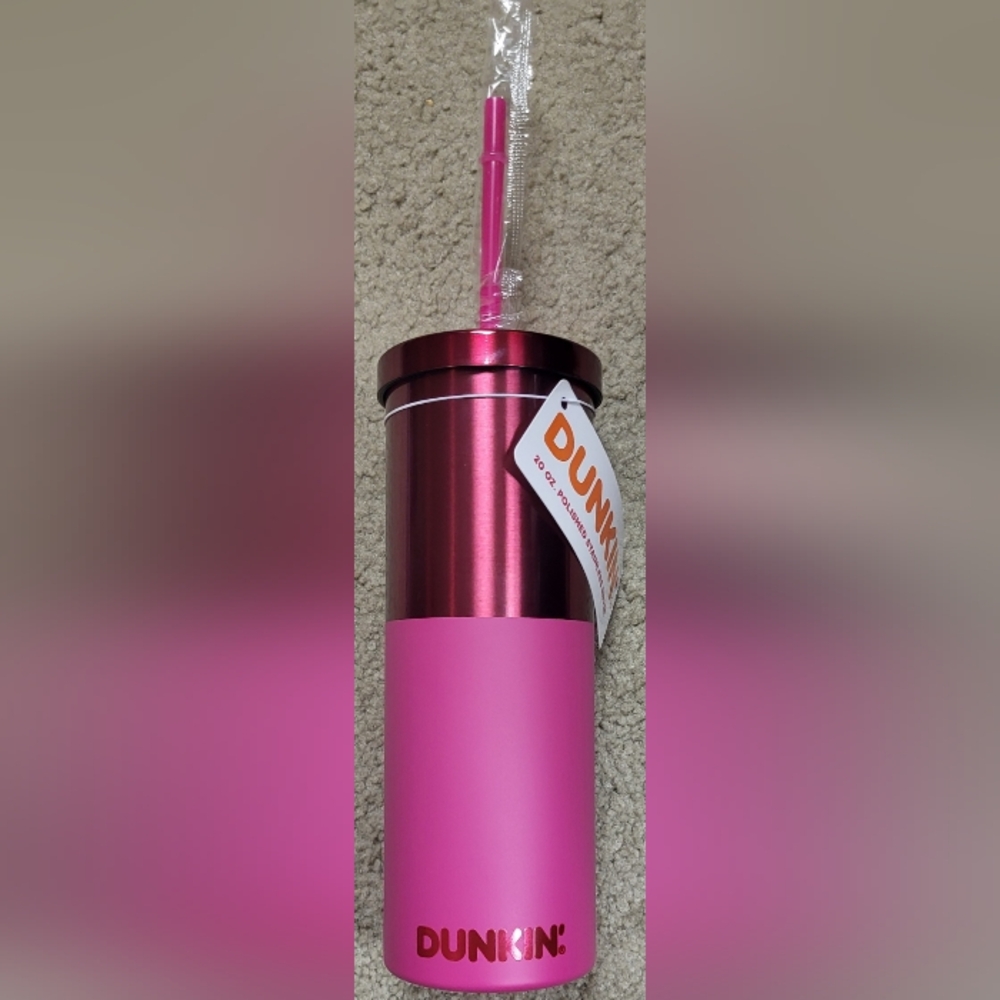 New With Tags - Cute, Dunkin' Donuts Pink Metallic & Matte Bottle with Straw